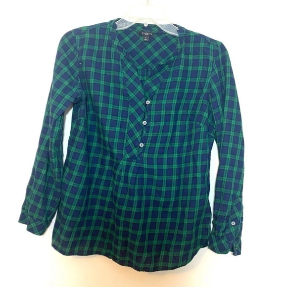 Talbots shirt buttons tartan plaid Blue Green Size Small Petite - Picture 6 of 7
